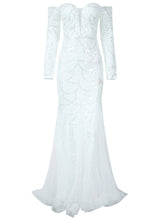 Off Shoulder Long Sleeve Mermaid Hem Sequin Wedding Dress